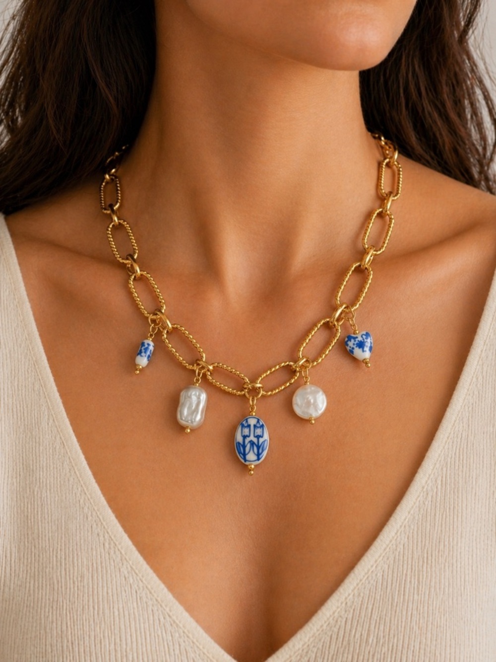Gold Chain Charm Necklace with Blue Porcelain and Pearl Accents - Picture 2 of 2